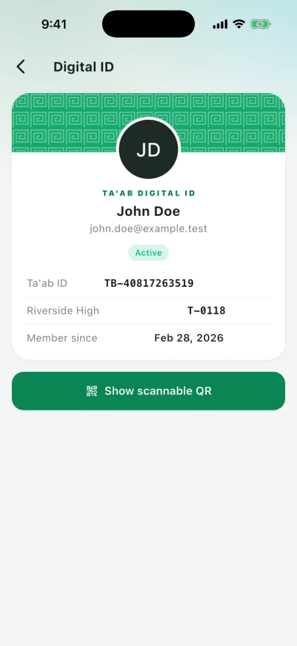John's Digital ID: his Ta'ab ID and his number at Riverside High.
