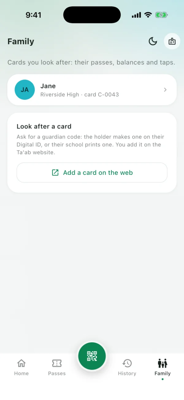 The Family tab: John looks after Jane's card, from Riverside High.