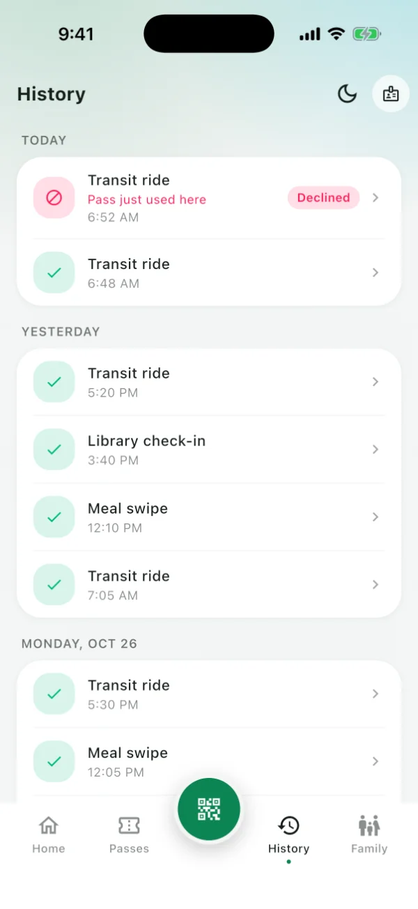 John's history: today a transit ride and a declined tap, yesterday rides, a library check-in and lunch.