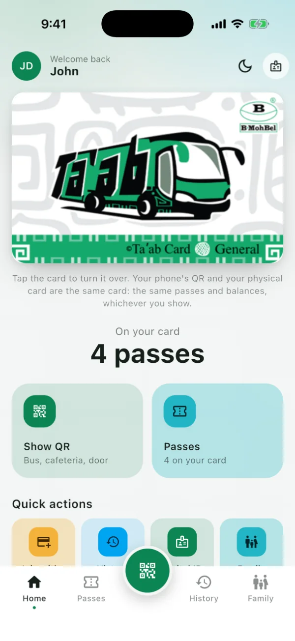 The Ta'ab app's home screen, with John's Ta'ab Card and his 4 passes.