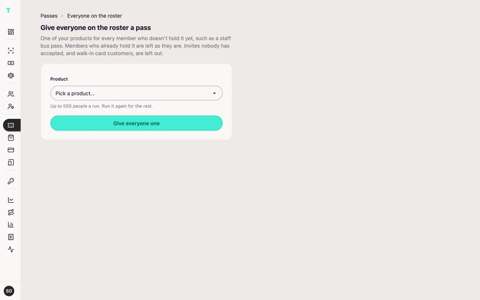 The Business portal's page for giving everyone on the roster a pass.