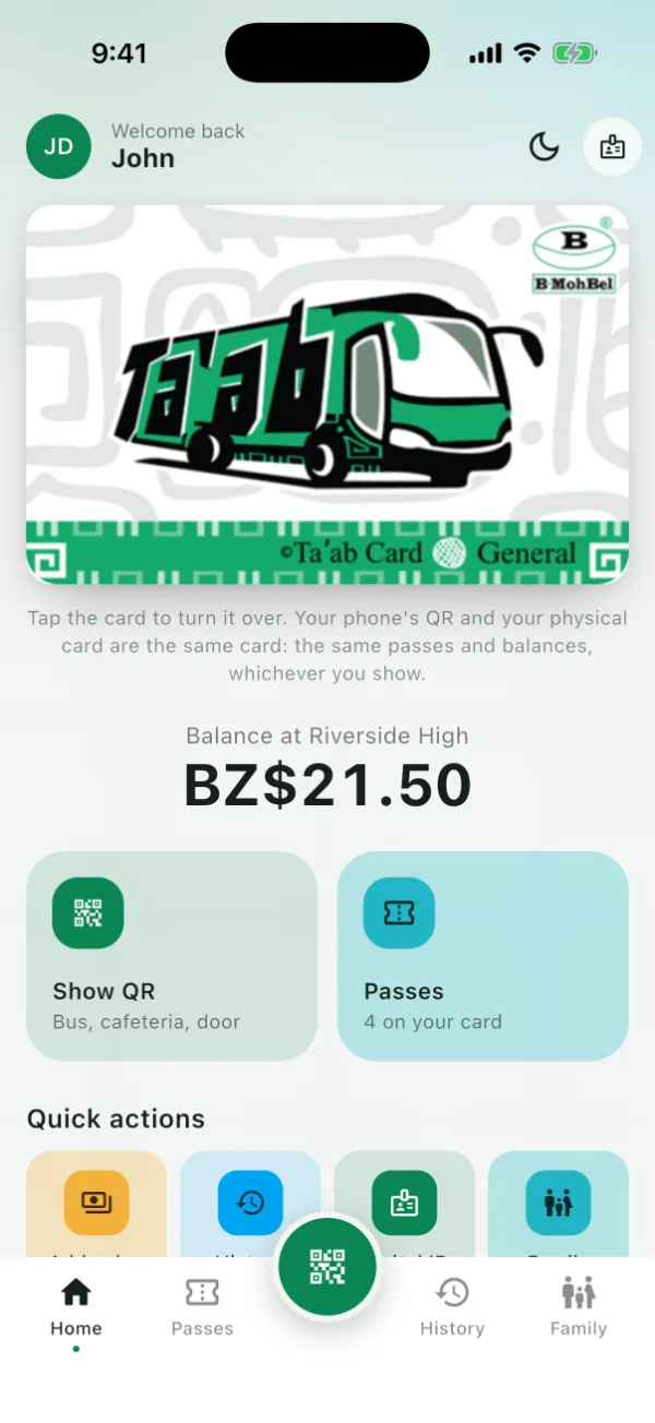 The app's home screen with a balance at Riverside High, blurred: coming soon.