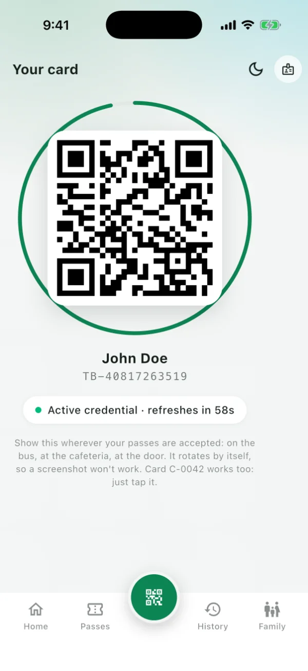 John's QR code with his name and Ta'ab ID, refreshing in 58 seconds.