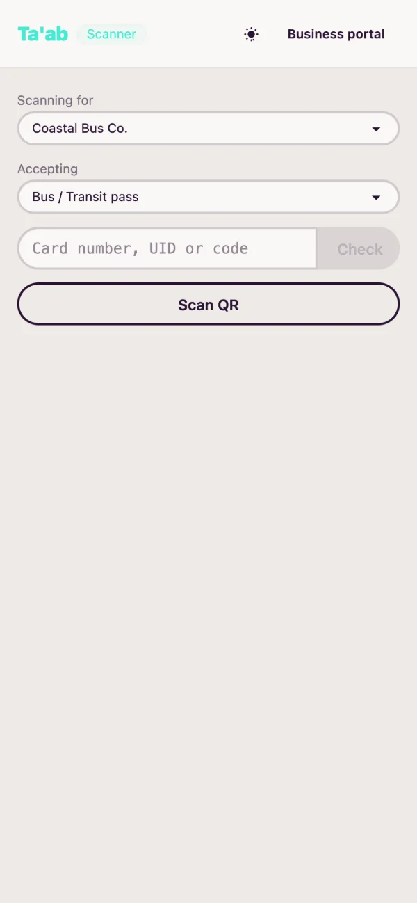 Ta'ab's scanner, ready to check a card for Coastal Bus Co.