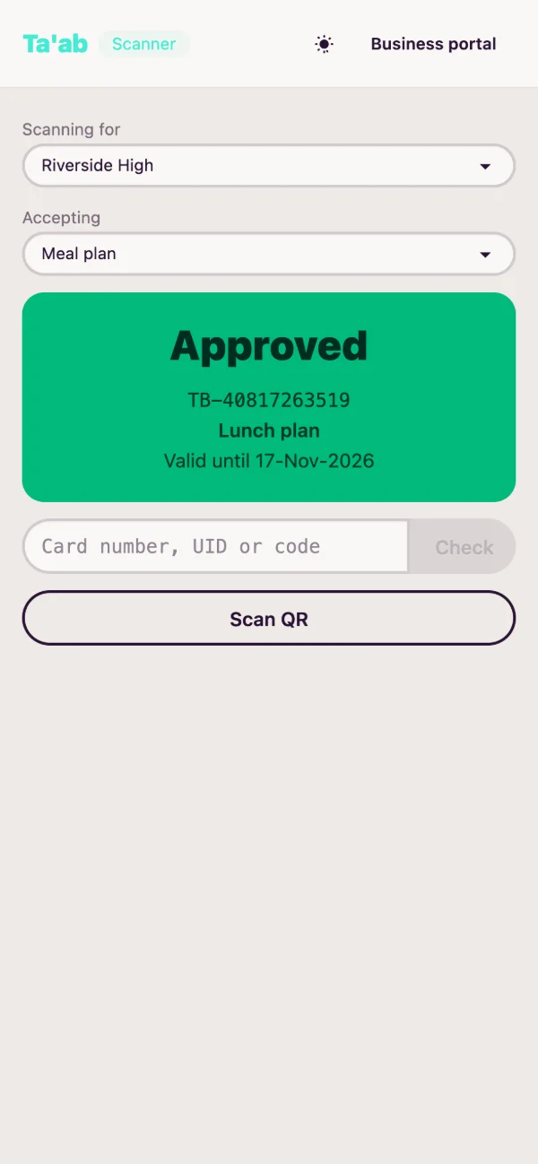 Ta'ab's scanner for Riverside High showing Approved, Lunch plan.