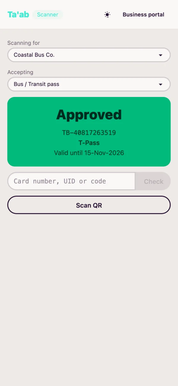Ta'ab's scanner for Coastal Bus Co. showing Approved, T-Pass, valid until 15 November.